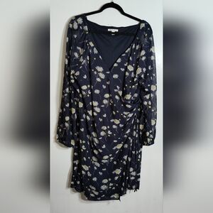 Cato Blue and White Daisy Print Ruched Wrap Dress with Bishop Sleeves Size 22/24